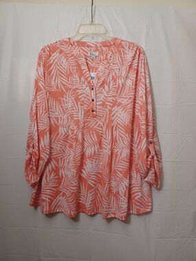 KIM ROGERS CONVERTIBLE SLEEVE BLOUSE TROPICAL LEAF PRINT CORAL WHITE SIZE XXL